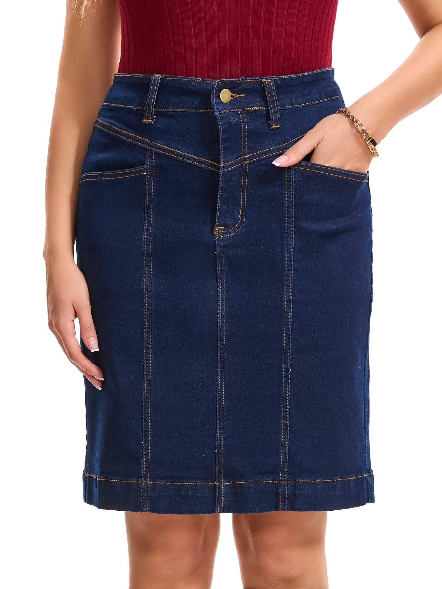 DARING DIVA Women's Denim Pencil Knee Length Stretchy Fit Skirt S Black Blue