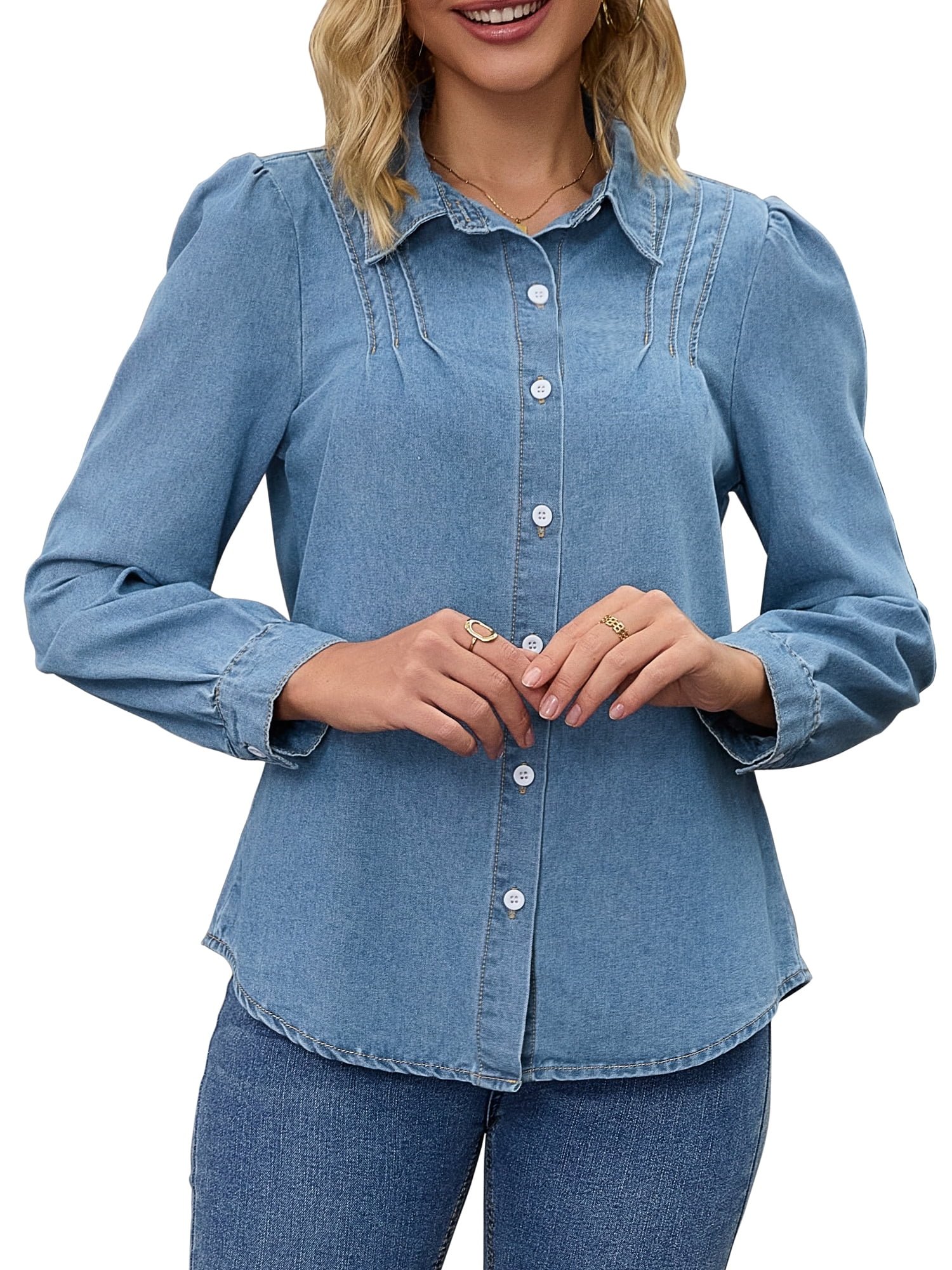 DARING DIVA Women's Denim Pleated Front Puff Long Sleeve Button Down Shirts 2XL Blue