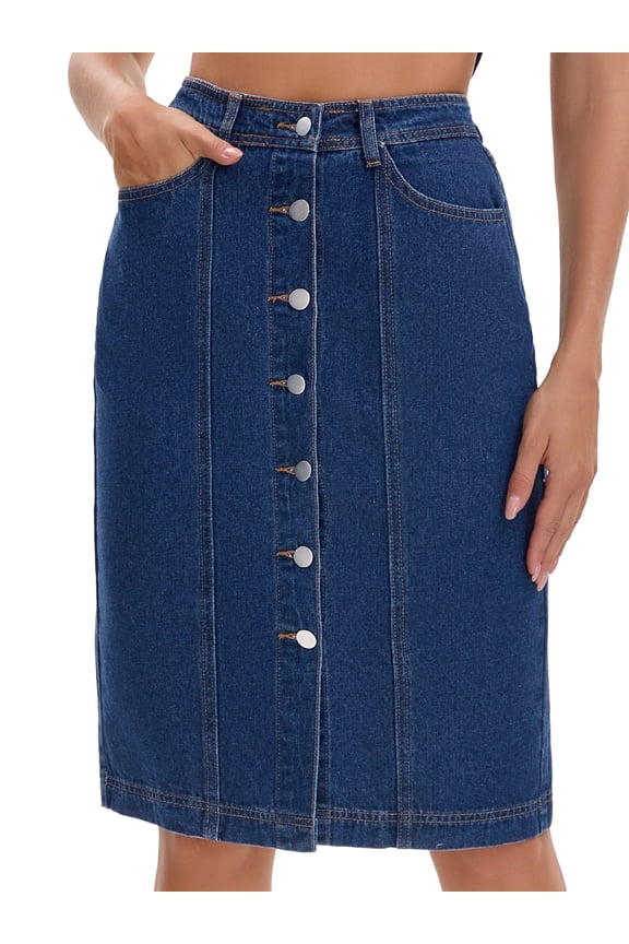 Women's Denim Pockets Knee Length Jean Skirts Large Deep Blue
