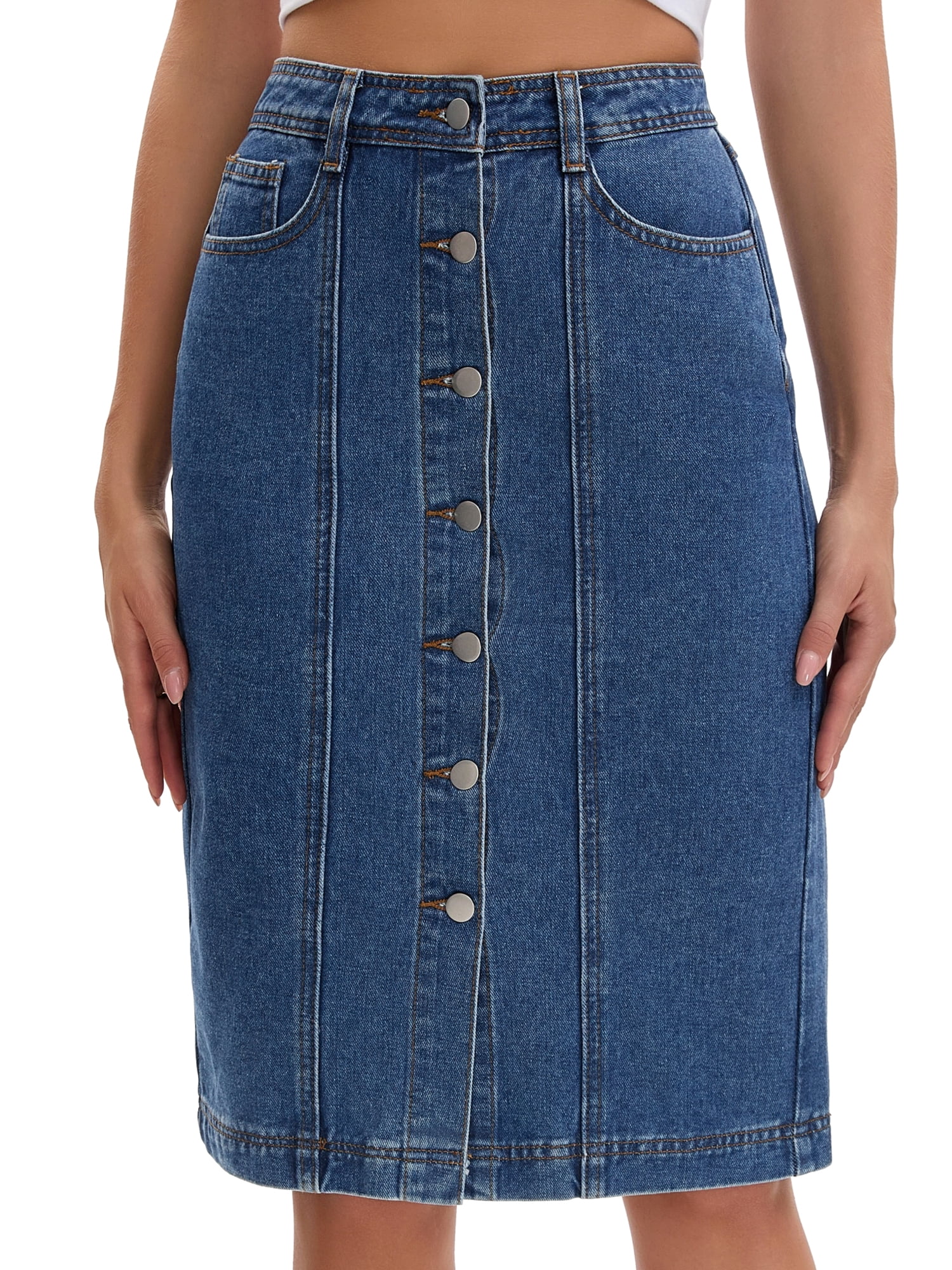 DARING DIVA Women's Denim Pockets Knee Length Jean Skirts Small Blue