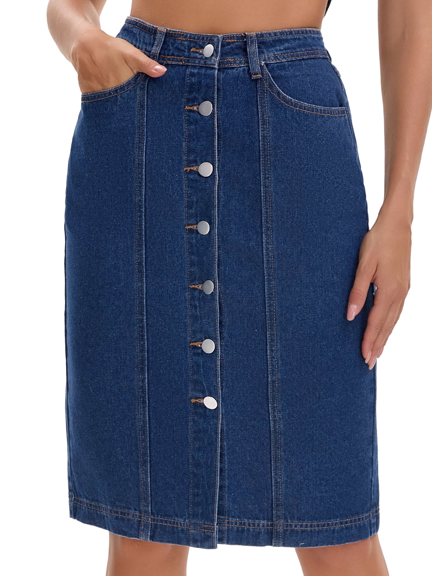 DARING DIVA Women's Denim Pockets Knee Length Jean Skirts X-Large Deep Blue