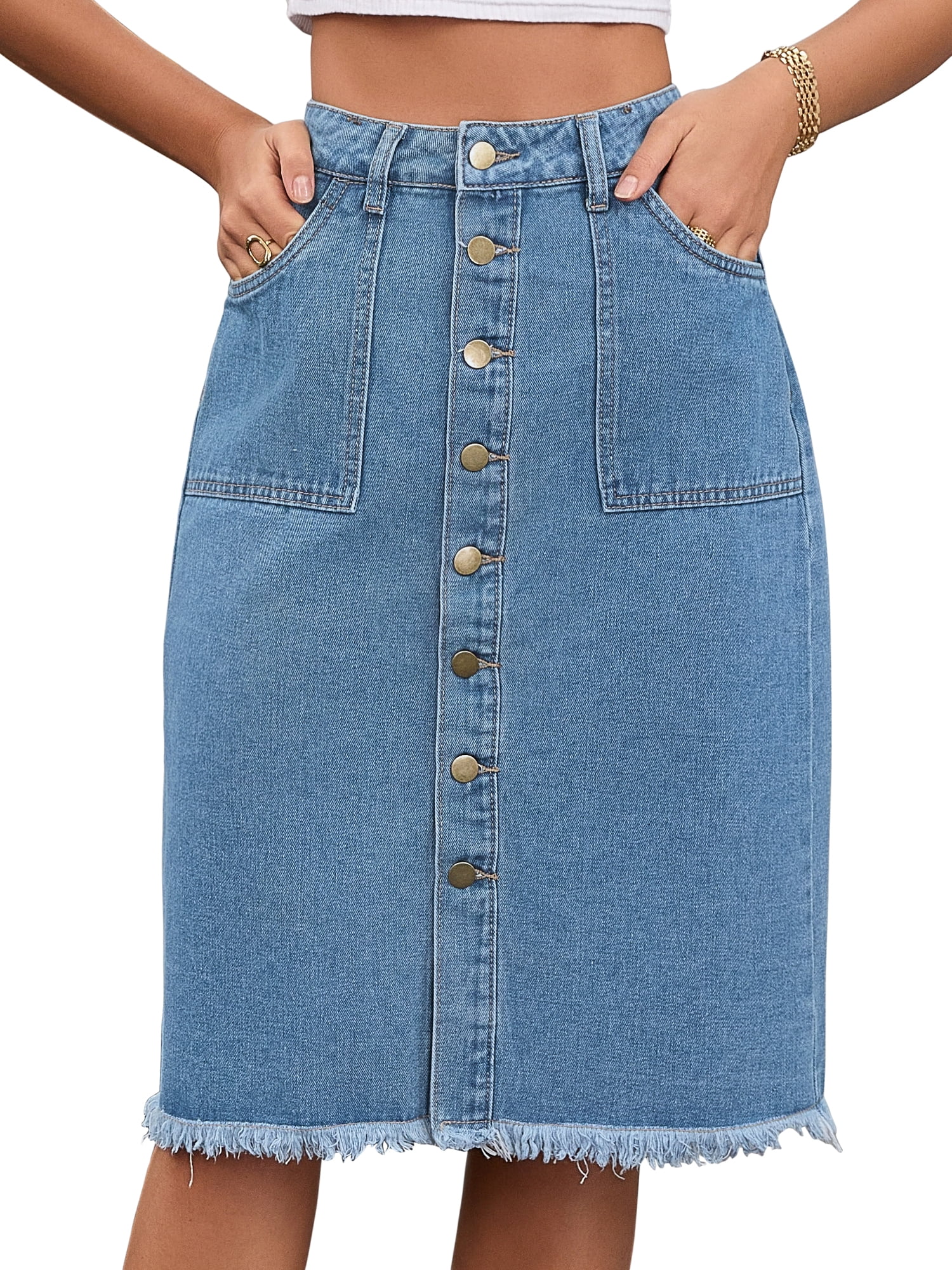 DARING DIVA Women's Denim Raw Hem Button Down Pencil Skirts Large Blue