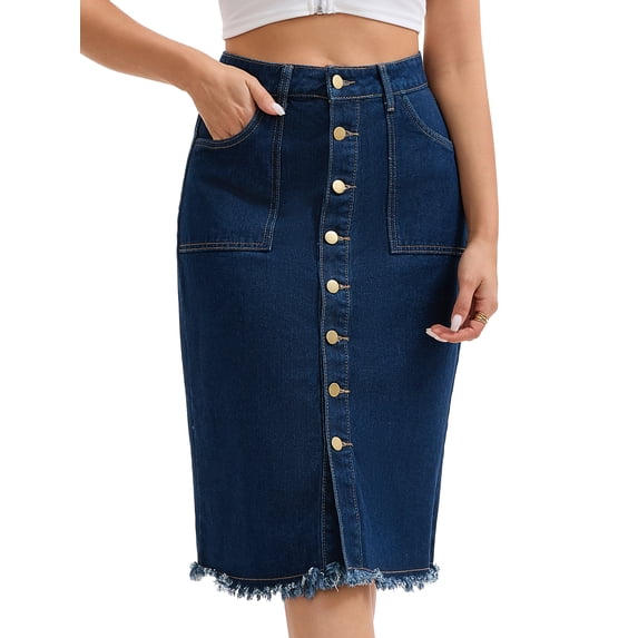 DARING DIVA Women's Denim Raw Hem Button Down Pencil Skirts Large Deep Blue
