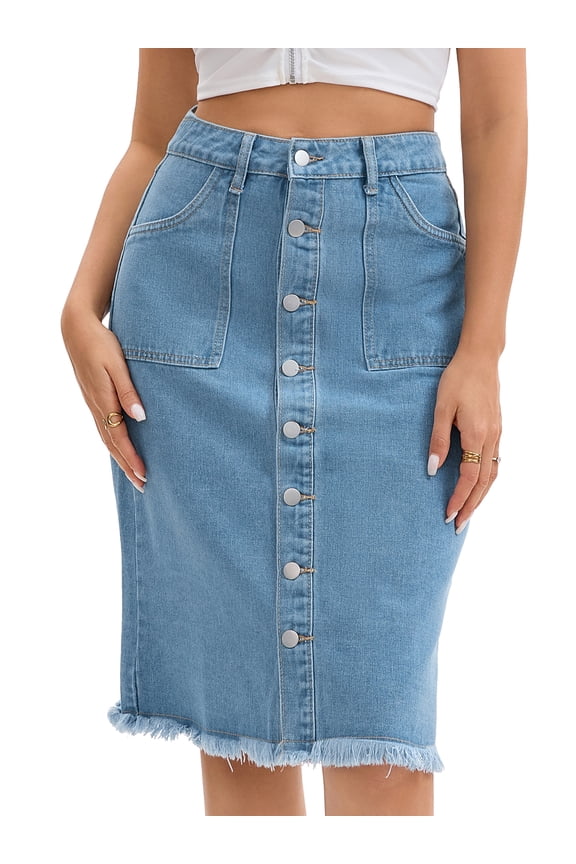 Women's Denim Raw Hem Button Down Pencil Skirts Large Light Blue