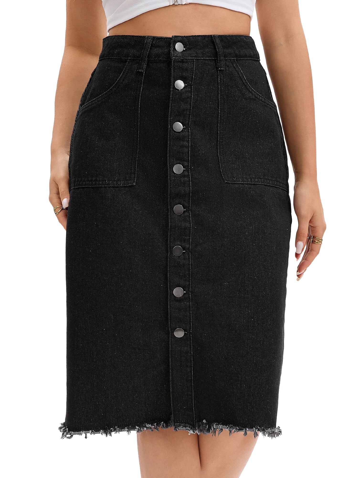 DARING DIVA Women's Denim Raw Hem Button Down Pencil Skirts Small Black