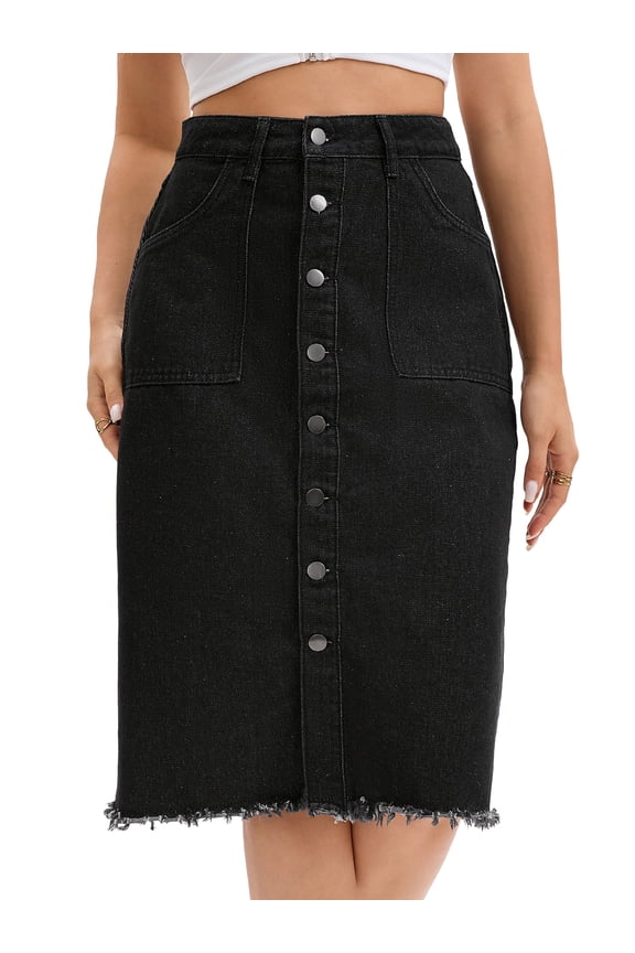 Women's Denim Raw Hem Button Down Pencil Skirts Small Black