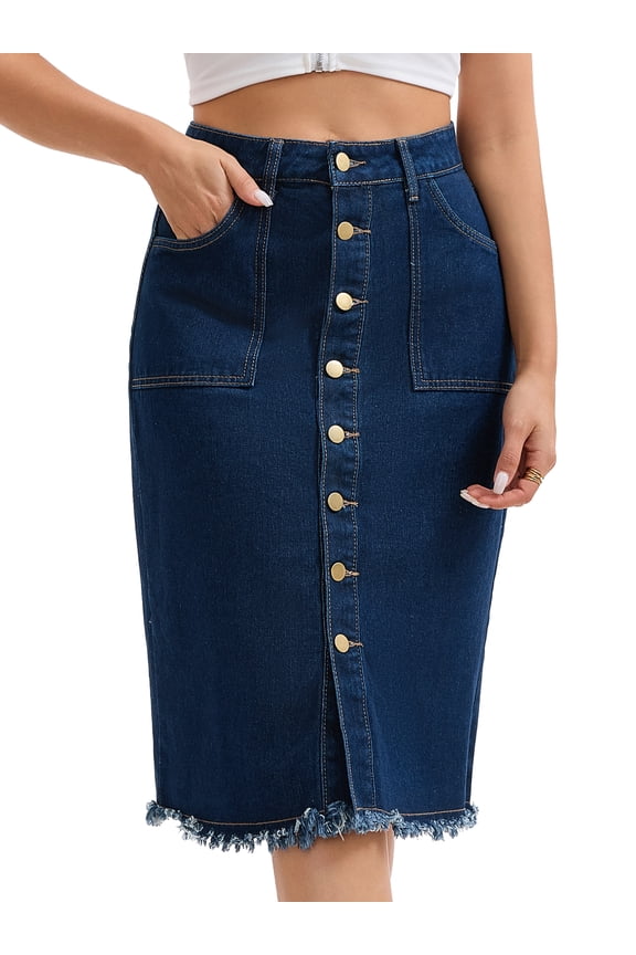 Women's Denim Raw Hem Button Down Pencil Skirts Small Deep Blue