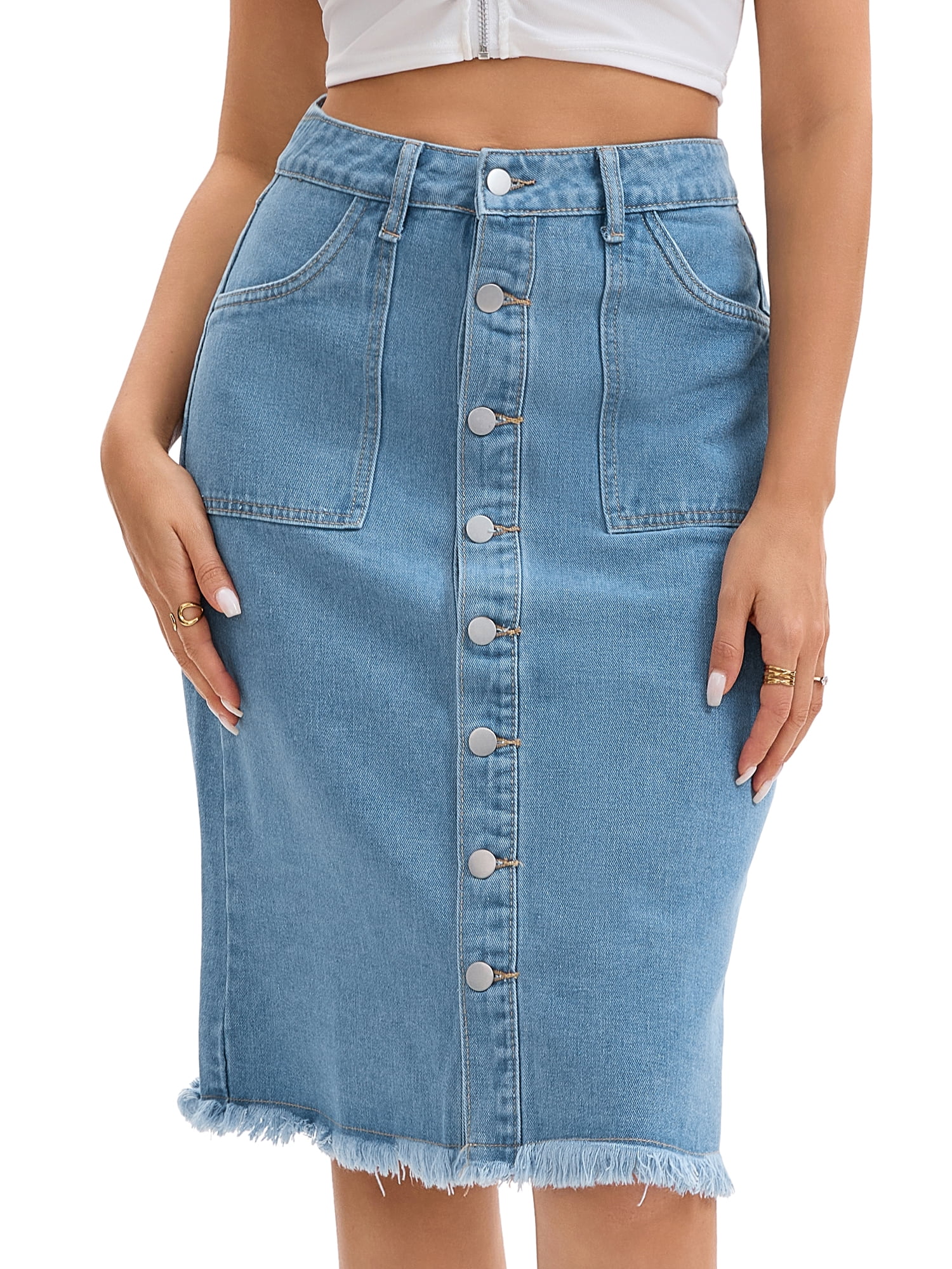 DARING DIVA Women's Denim Raw Hem Button Down Pencil Skirts X-Large Light Blue