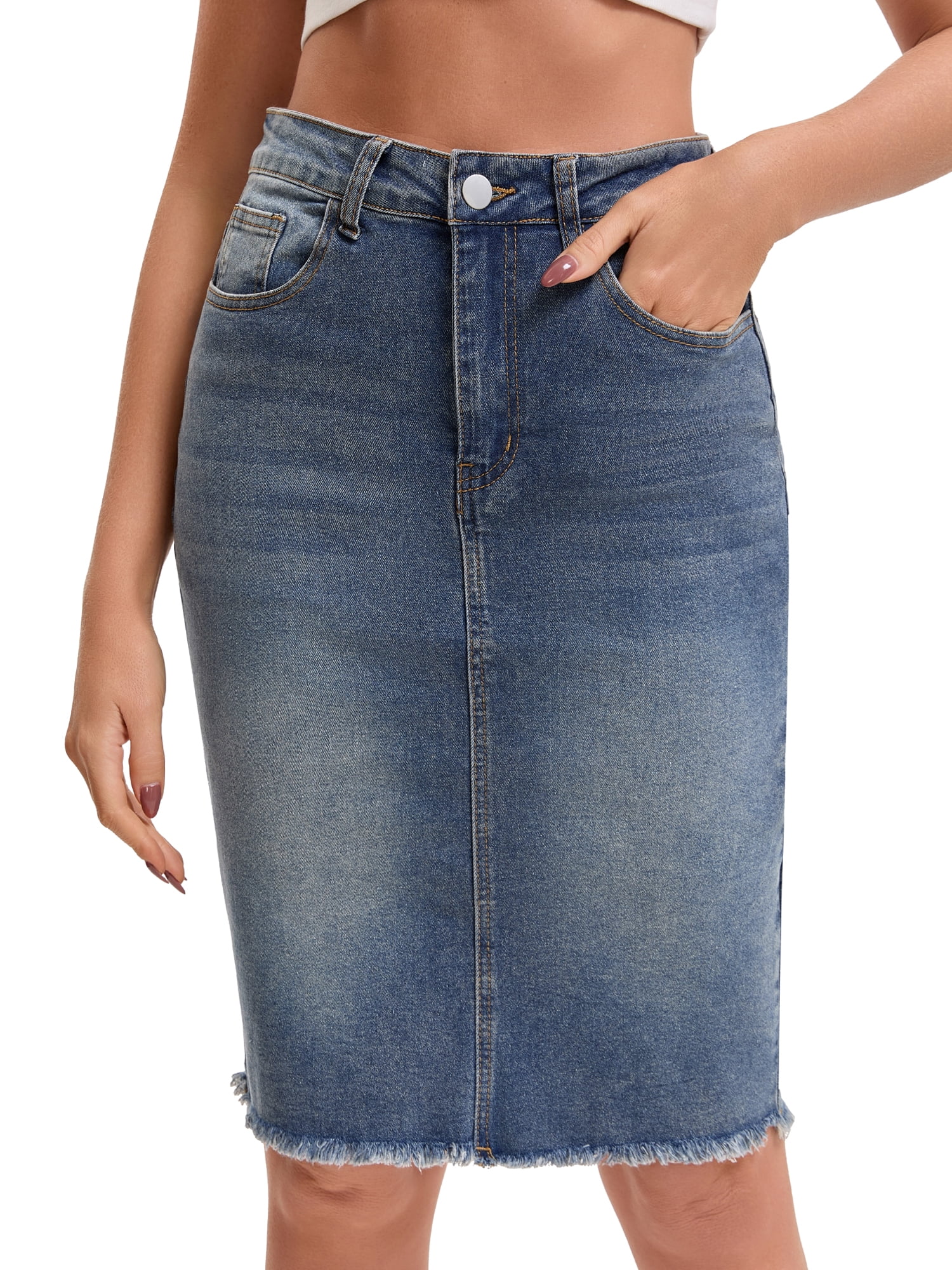 DARING DIVA Women's Denim Raw Hem Pockets Pencil Skirt X-Large Dark Gray Blue