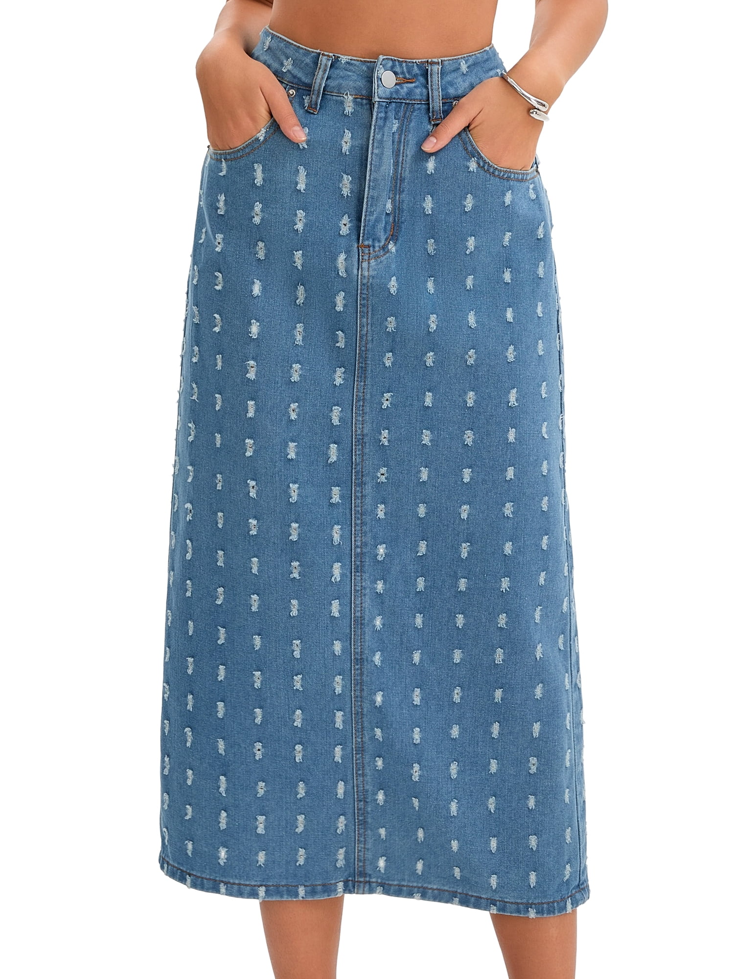 DARING DIVA Women's Denim Ripped Holes Back Slit Midi Jean Skirts Large Light Blue
