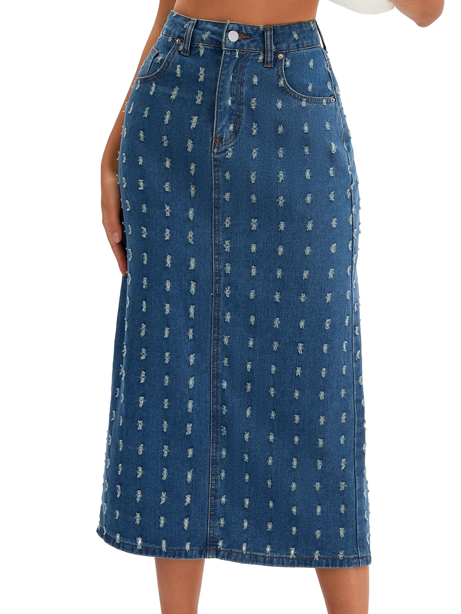 DARING DIVA Women's Denim Ripped Holes Back Slit Midi Jean Skirts Large Vintage Blue