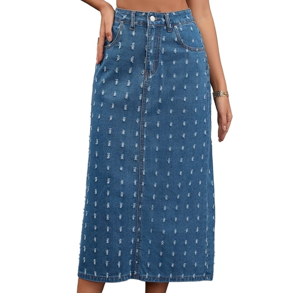 DARING DIVA Women's Denim Ripped Holes Back Slit Midi Jean Skirts Small Blue