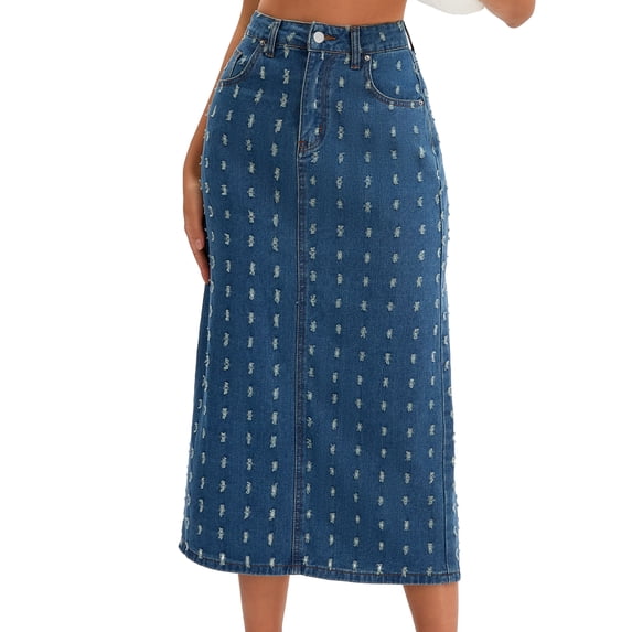 DARING DIVA Women's Denim Ripped Holes Back Slit Midi Jean Skirts Small Vintage Blue