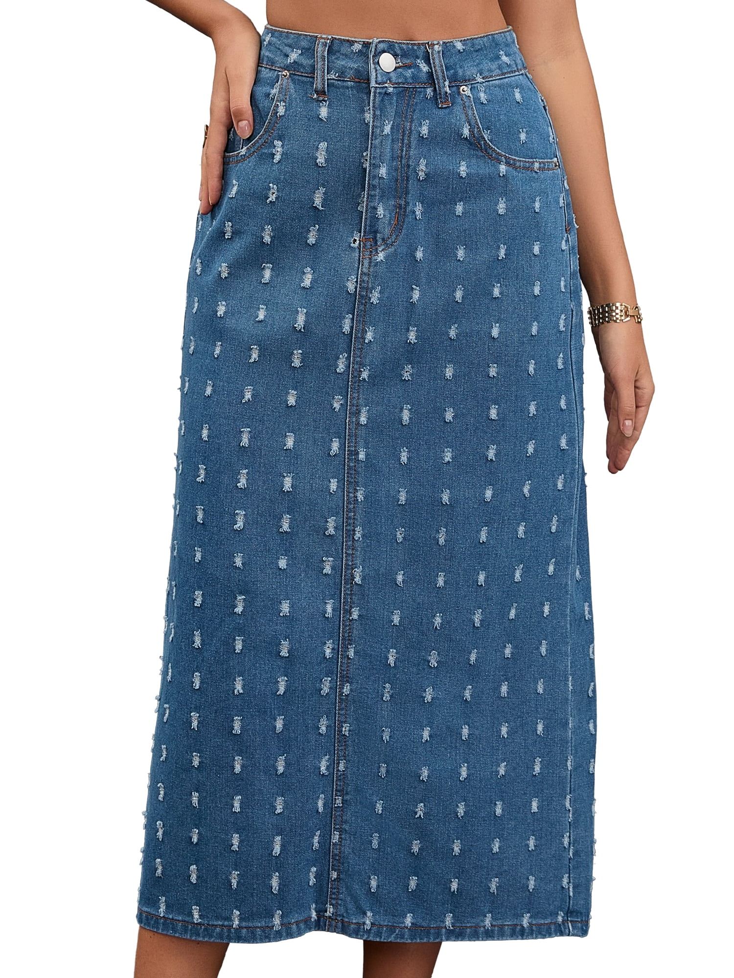DARING DIVA Women's Denim Ripped Holes Back Slit Midi Jean Skirts X-Large Blue