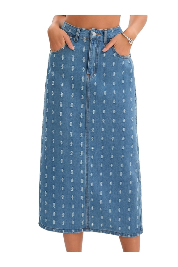 Women's Denim Ripped Holes Back Slit Midi Jean Skirts XX-Large Light Blue
