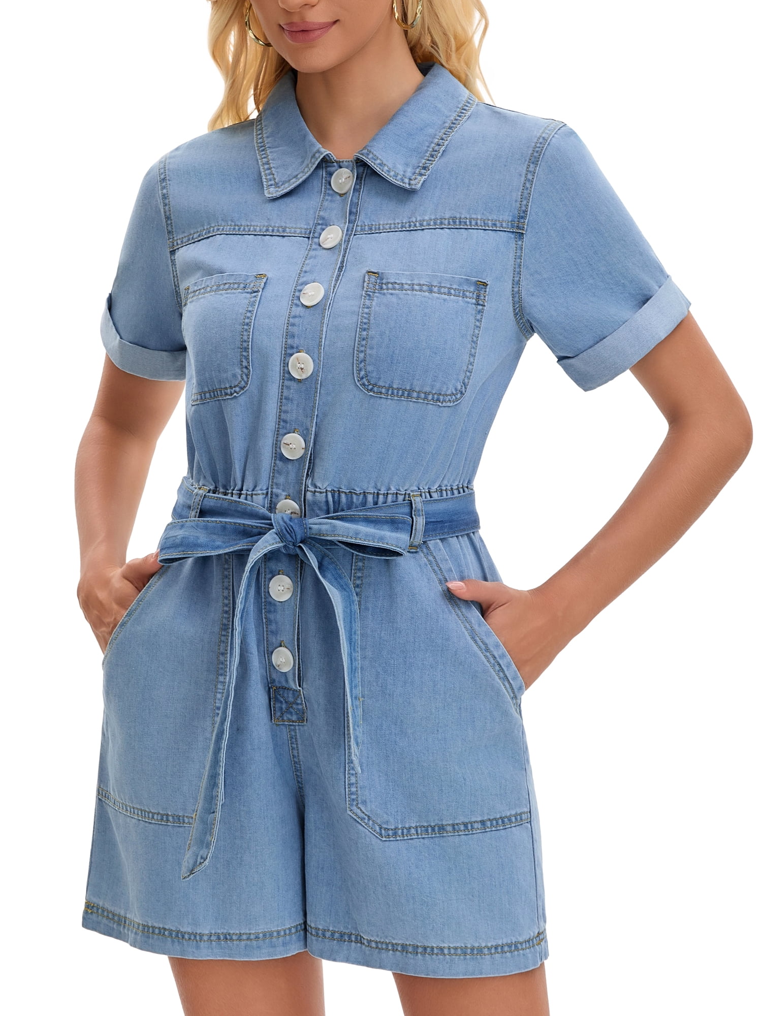 DARING DIVA Women's Denim Romper Collared Short Sleeve Jean Jumpsuit Shorts Medium Blue