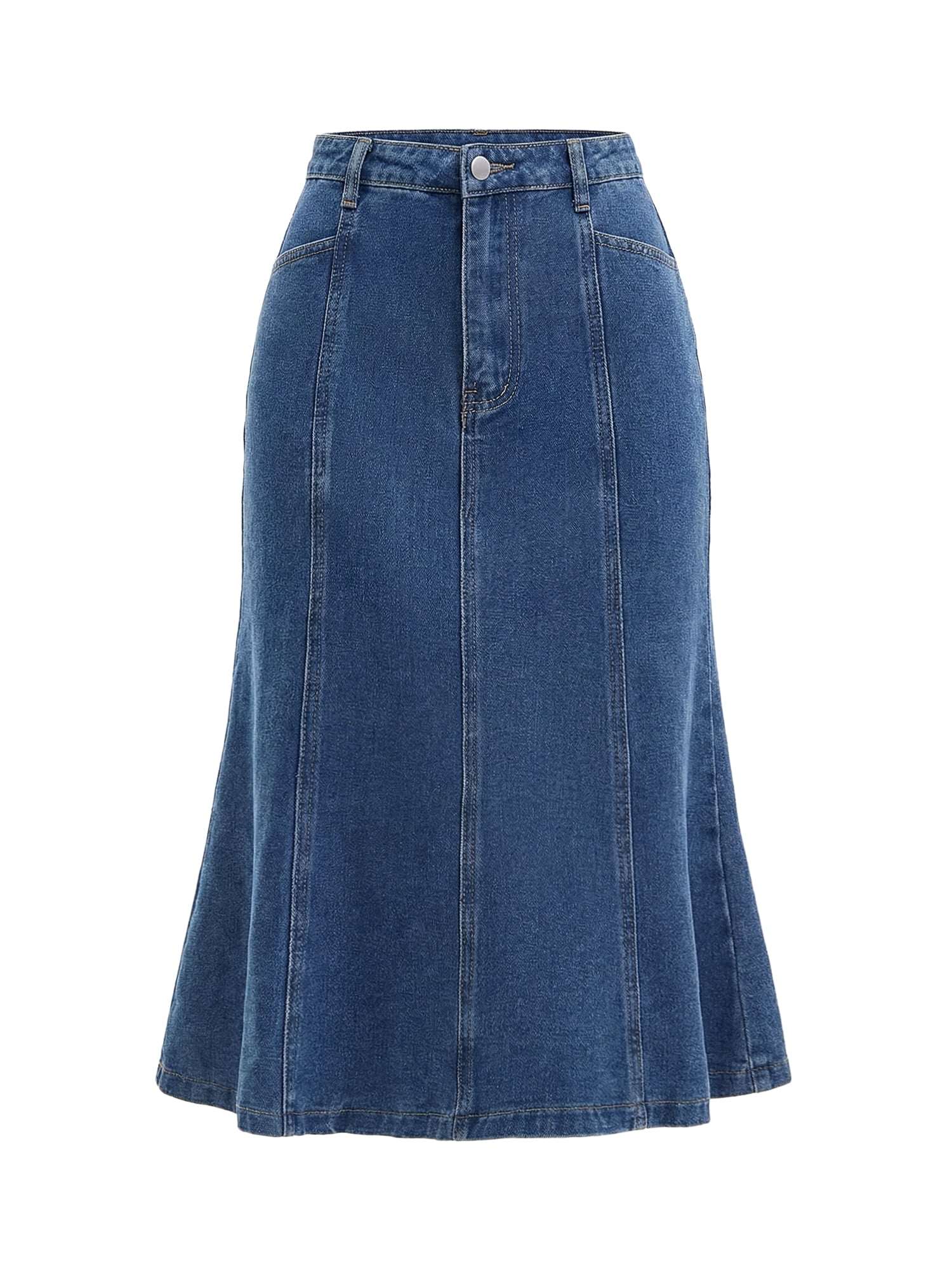 DARING DIVA Women's Denim Ruffle Below Knee Fishtail Jean Skirts Large Blue