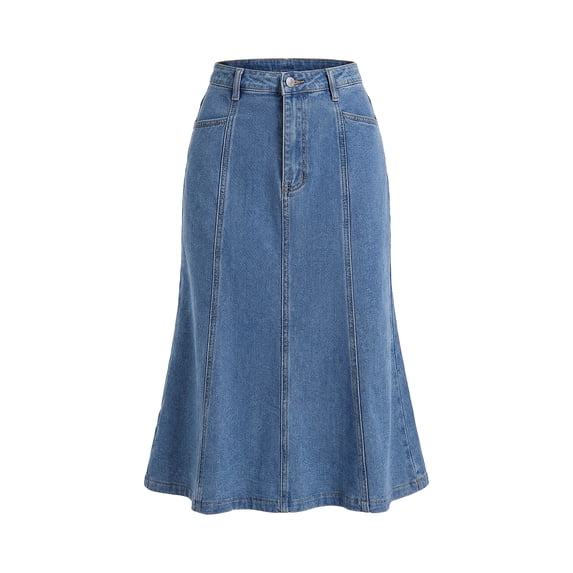 DARING DIVA Women's Denim Ruffle Below Knee Fishtail Jean Skirts Medium Light Blue