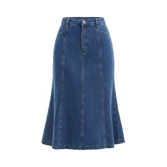 DARING DIVA Women's Denim Ruffle Below Knee Fishtail Jean Skirts Small Blue