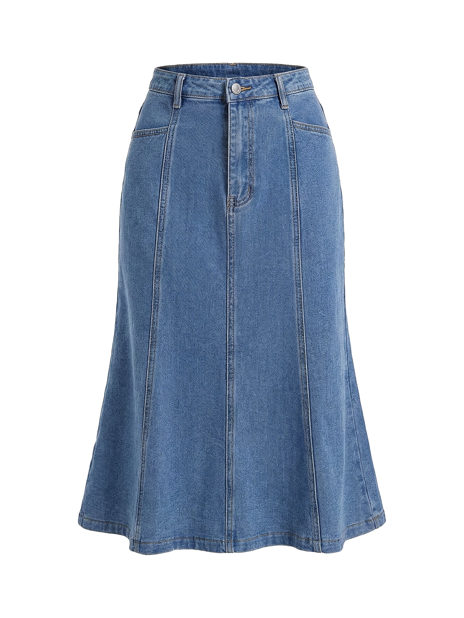 DARING DIVA Women's Denim Ruffle Below Knee Fishtail Jean Skirts Small Light Blue
