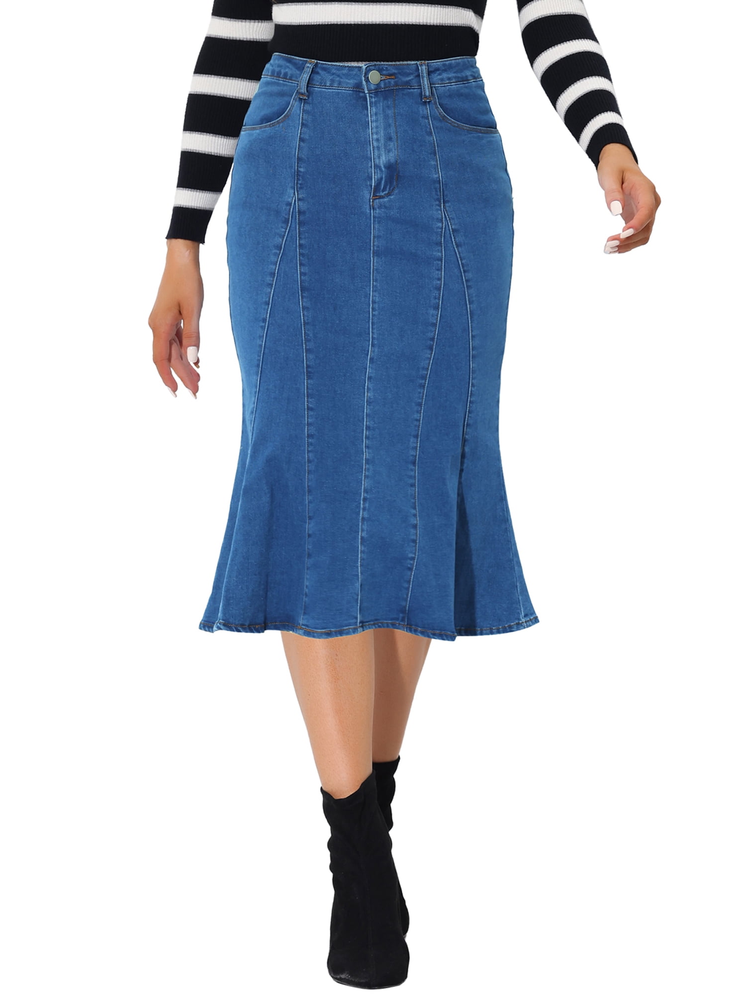 DARING DIVA Women's Denim Ruffle Fishtail Bodycon Midi Skirts L Blue