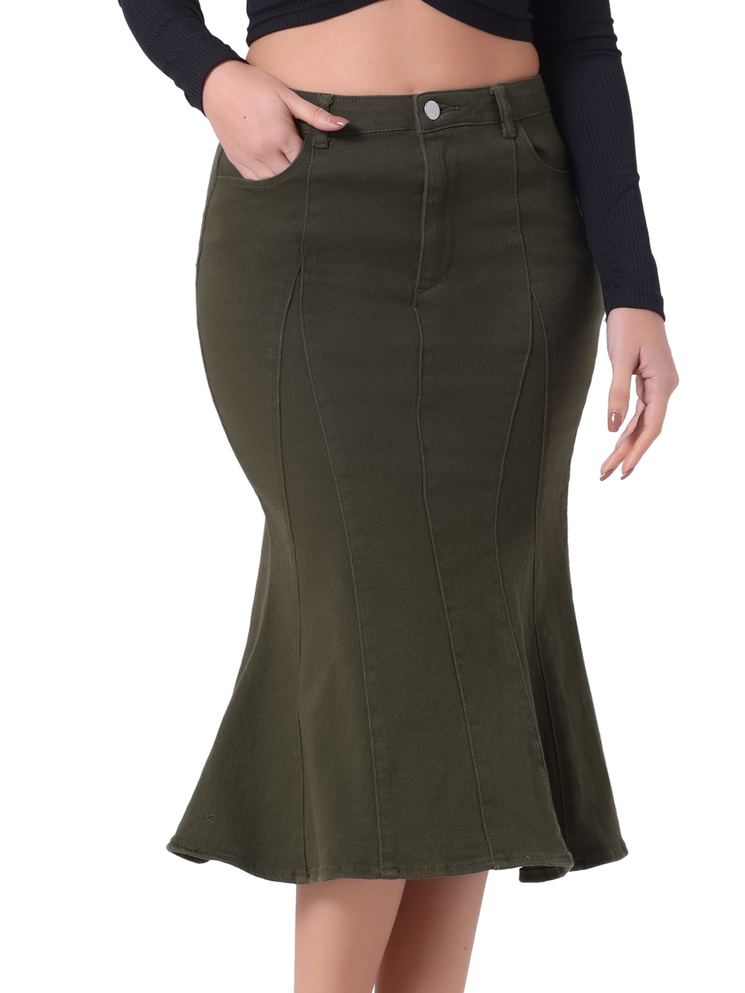 DARING DIVA Women's Denim Ruffle Fishtail Bodycon Midi Skirts S Army Green