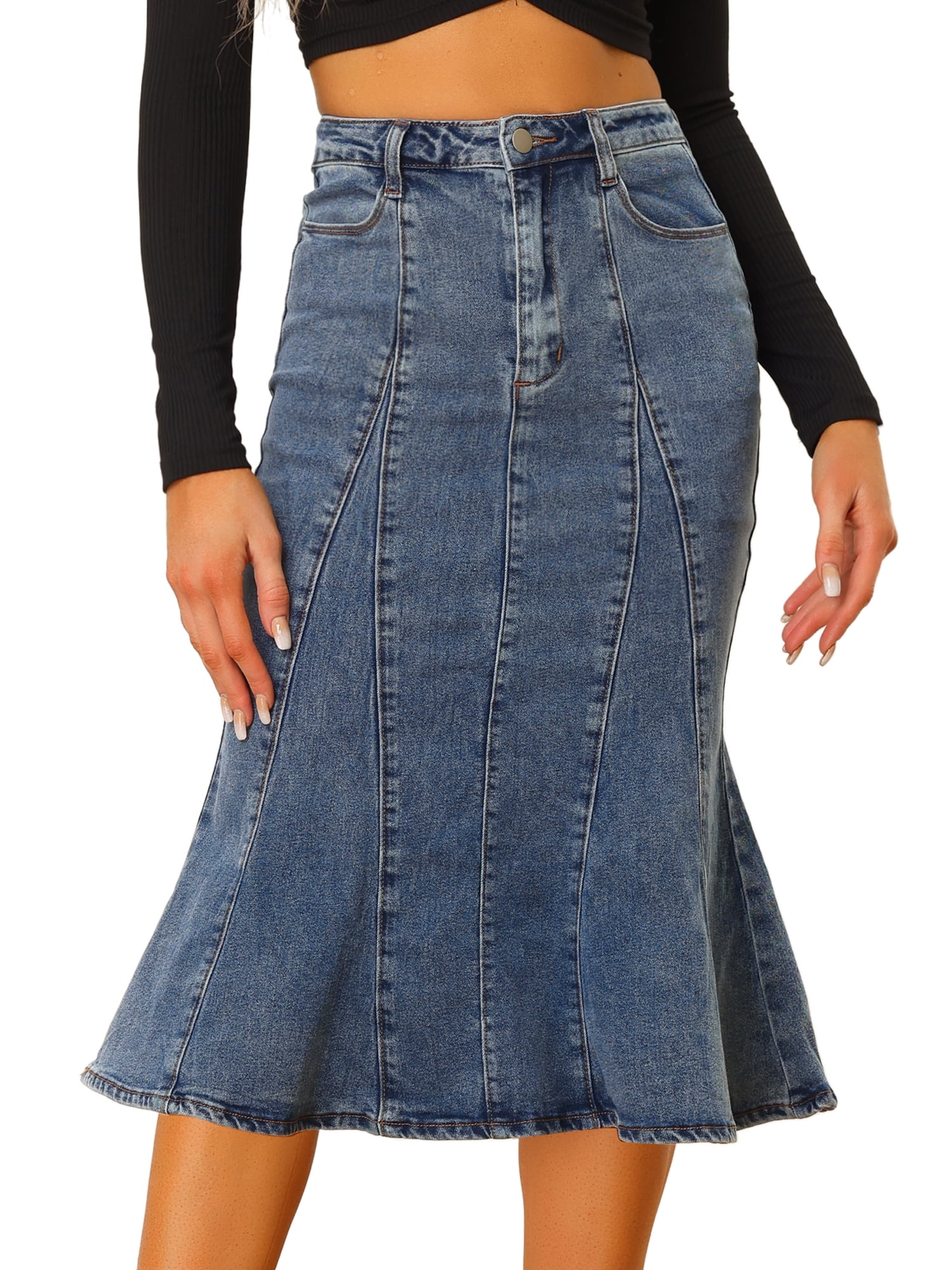 DARING DIVA Women's Denim Ruffle Fishtail Bodycon Midi Skirts S Blue Gray