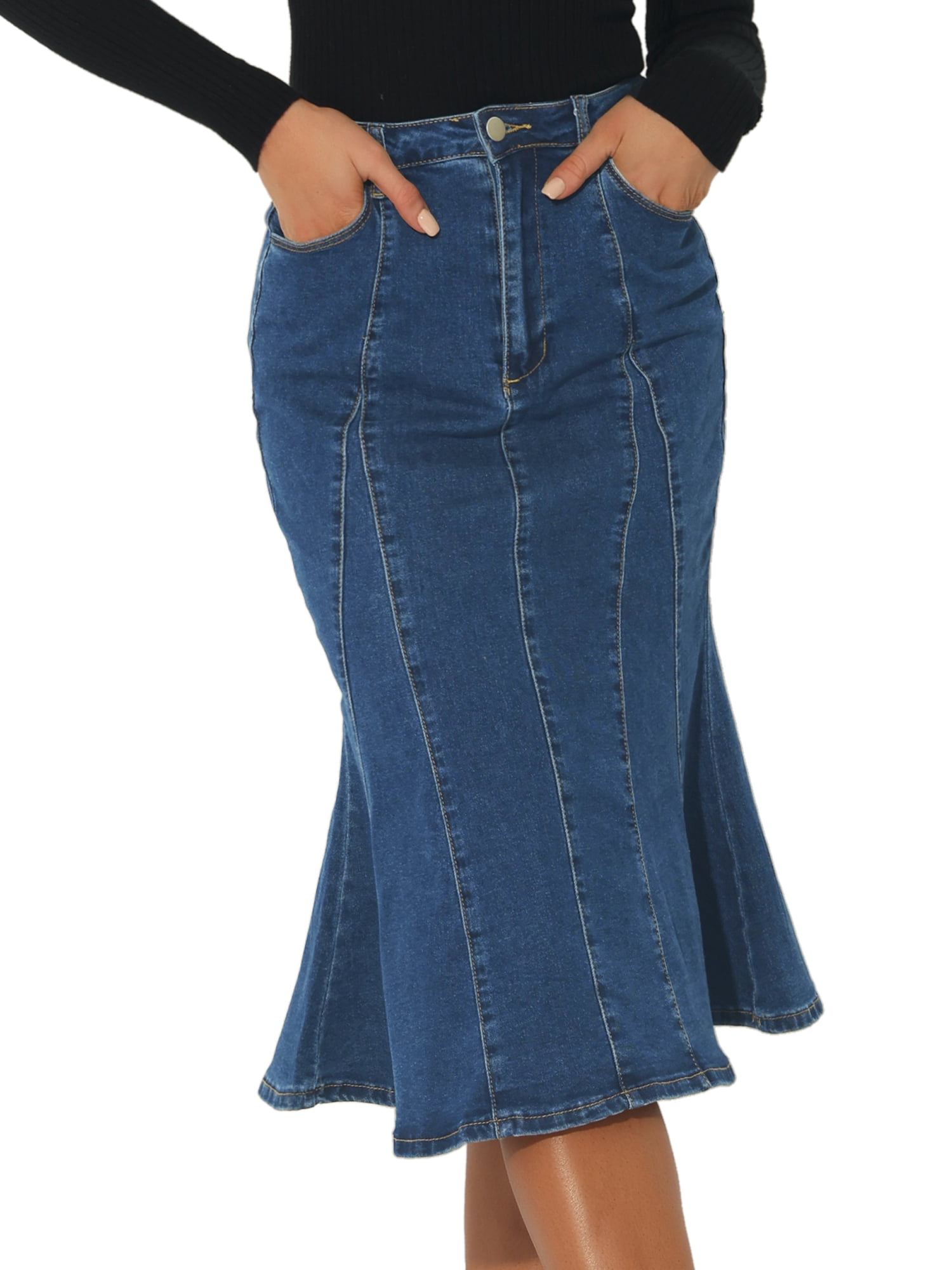 DARING DIVA Women's Denim Ruffle Fishtail Bodycon Midi Skirts S Dark Blue