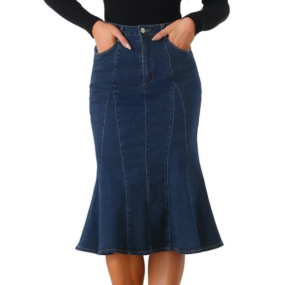 DARING DIVA Women's Denim Ruffle Fishtail Bodycon Midi Skirts S Deep Blue