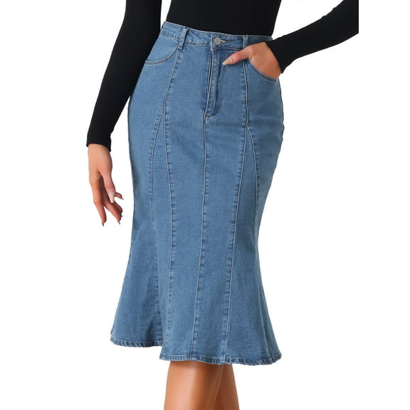 DARING DIVA Women's Denim Ruffle Fishtail Bodycon Midi Skirts S Sky Blue