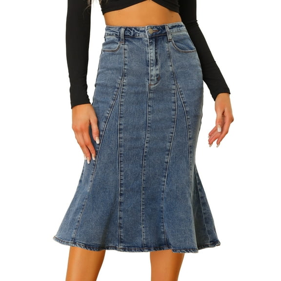 DARING DIVA Women's Denim Ruffle Fishtail Bodycon Midi Skirts XS Blue Gray