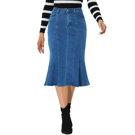 DARING DIVA Women's Denim Ruffle Fishtail Bodycon Midi Skirts XS Blue