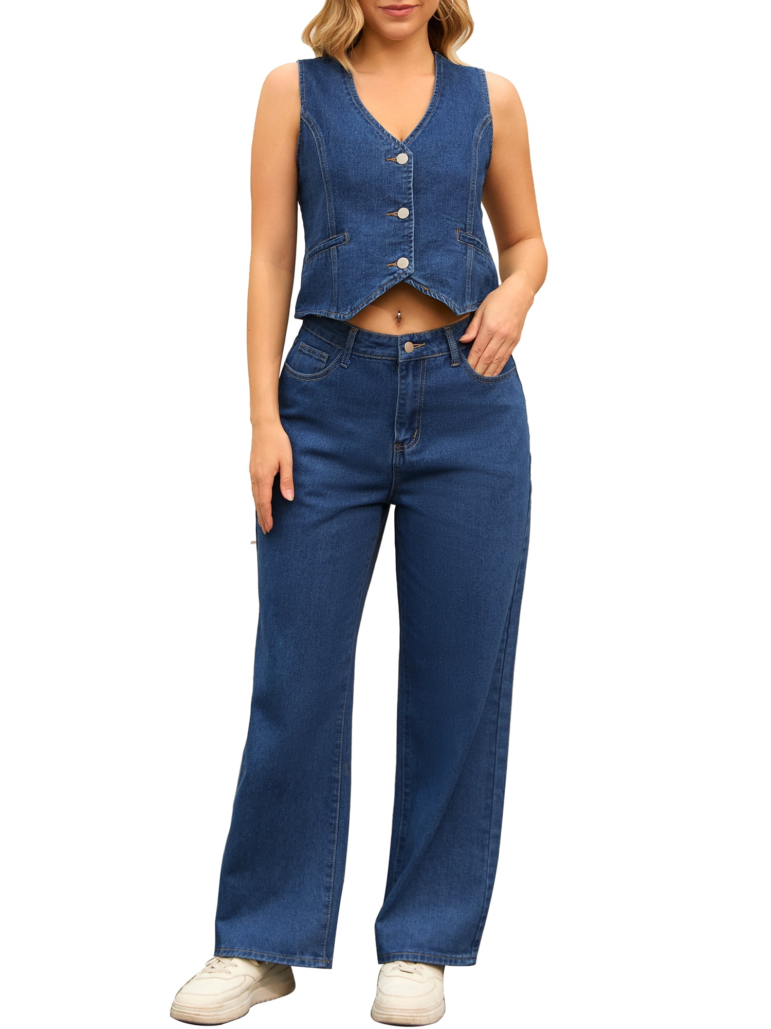 DARING DIVA Women's Denim Set 2 Pieces Outfits Matching Wide Leg Jeans L Dark Blue