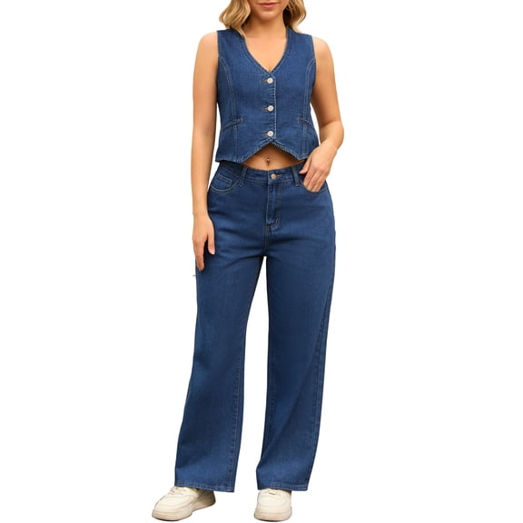 DARING DIVA Women's Denim Set 2 Pieces Outfits Matching Wide Leg Jeans S Dark Blue