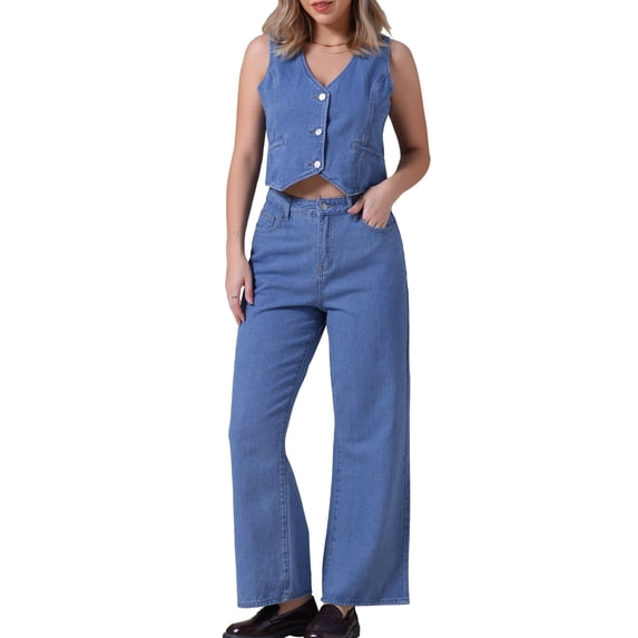 DARING DIVA Women's Denim Set 2 Pieces Outfits Matching Wide Leg Jeans XL Blue