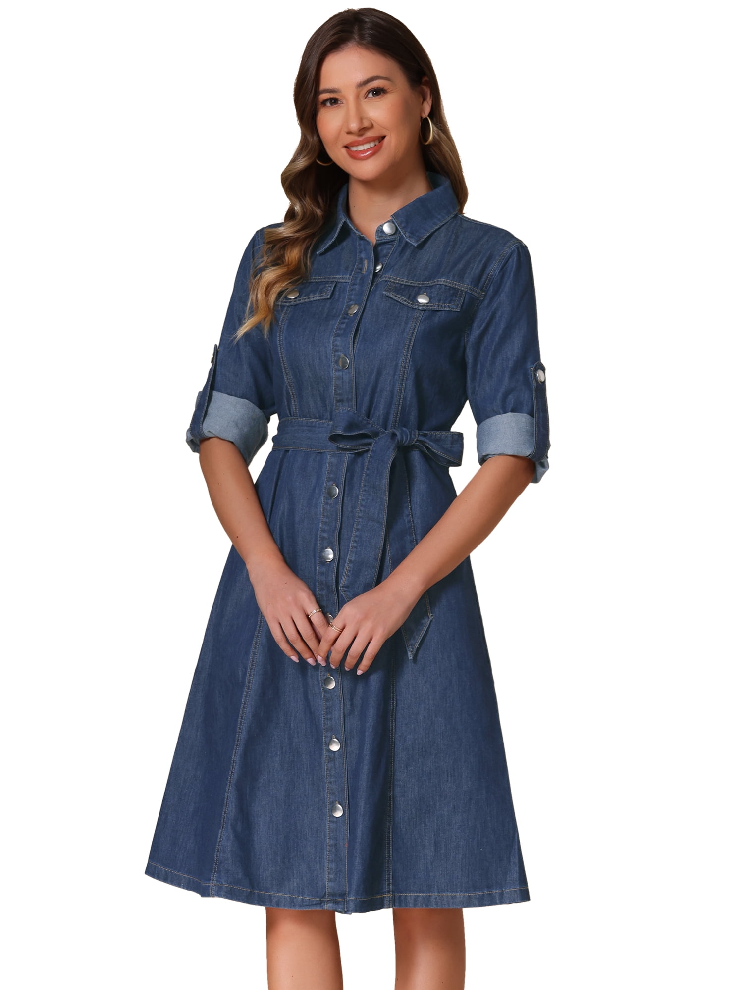 DARING DIVA Women's Denim Shirt Dress Long Sleeve Collared Belted Dress M Dark Blue