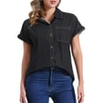 thumbnail image 1 of DARING DIVA Women's Denim Shirt Short Sleeve Jean Shirt Summer Tops L Black, 1 of 6