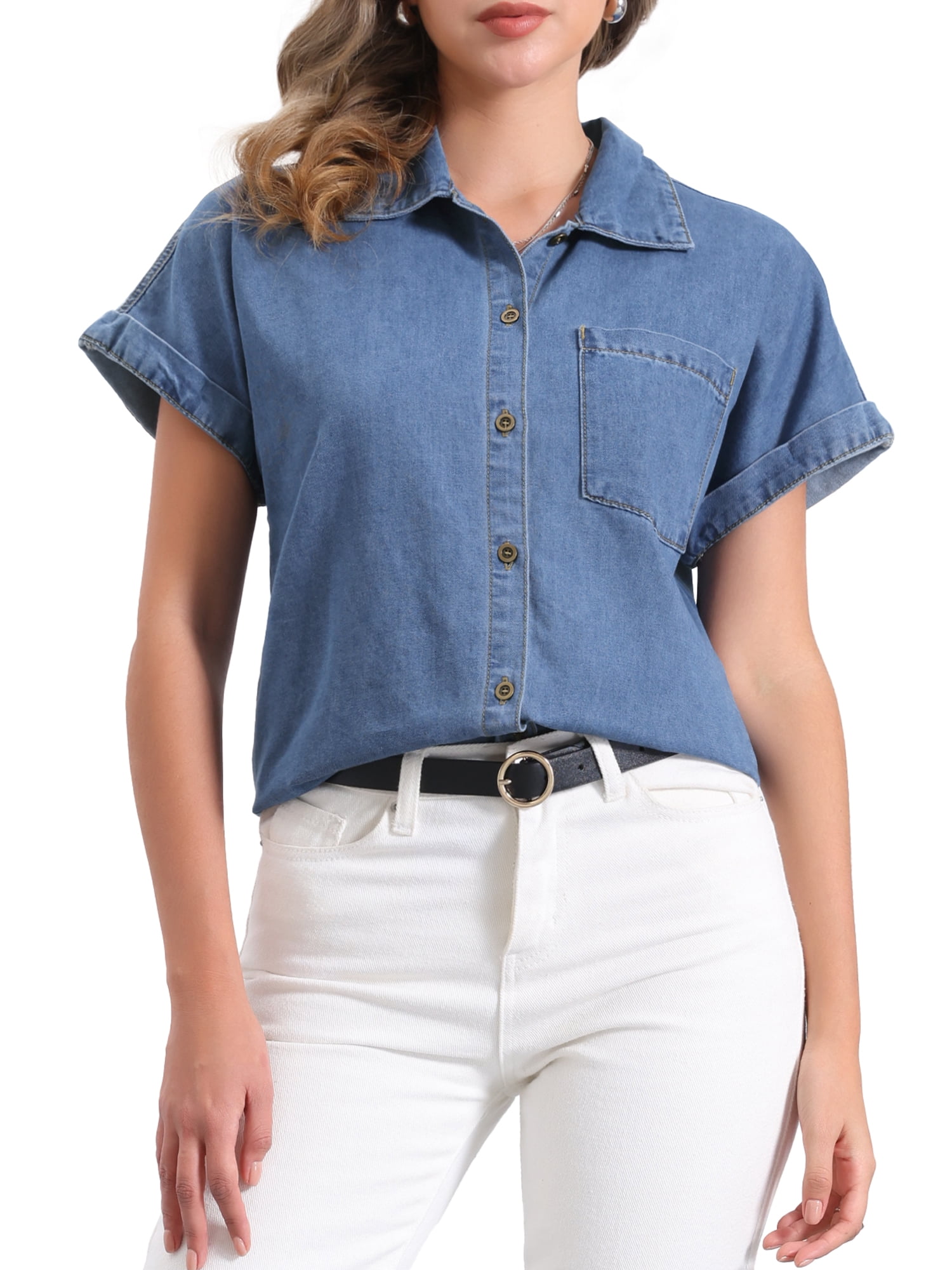 DARING DIVA Women's Denim Shirt Short Sleeve Jean Shirt Summer Tops XS Blue