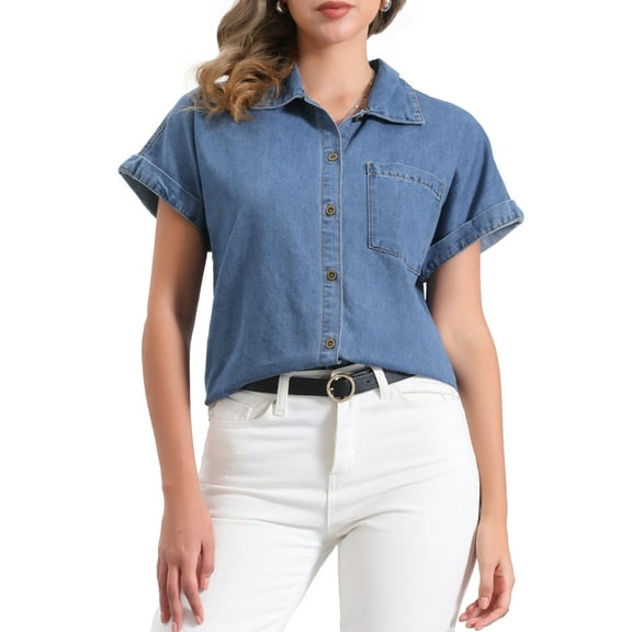 DARING DIVA Women's Denim Shirt Short Sleeve Jean Shirt Summer Tops XS Blue
