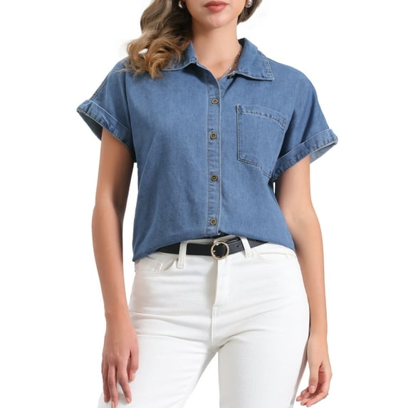 DARING DIVA Women's Denim Shirt Short Sleeve Jean Shirt Summer Tops XS Blue