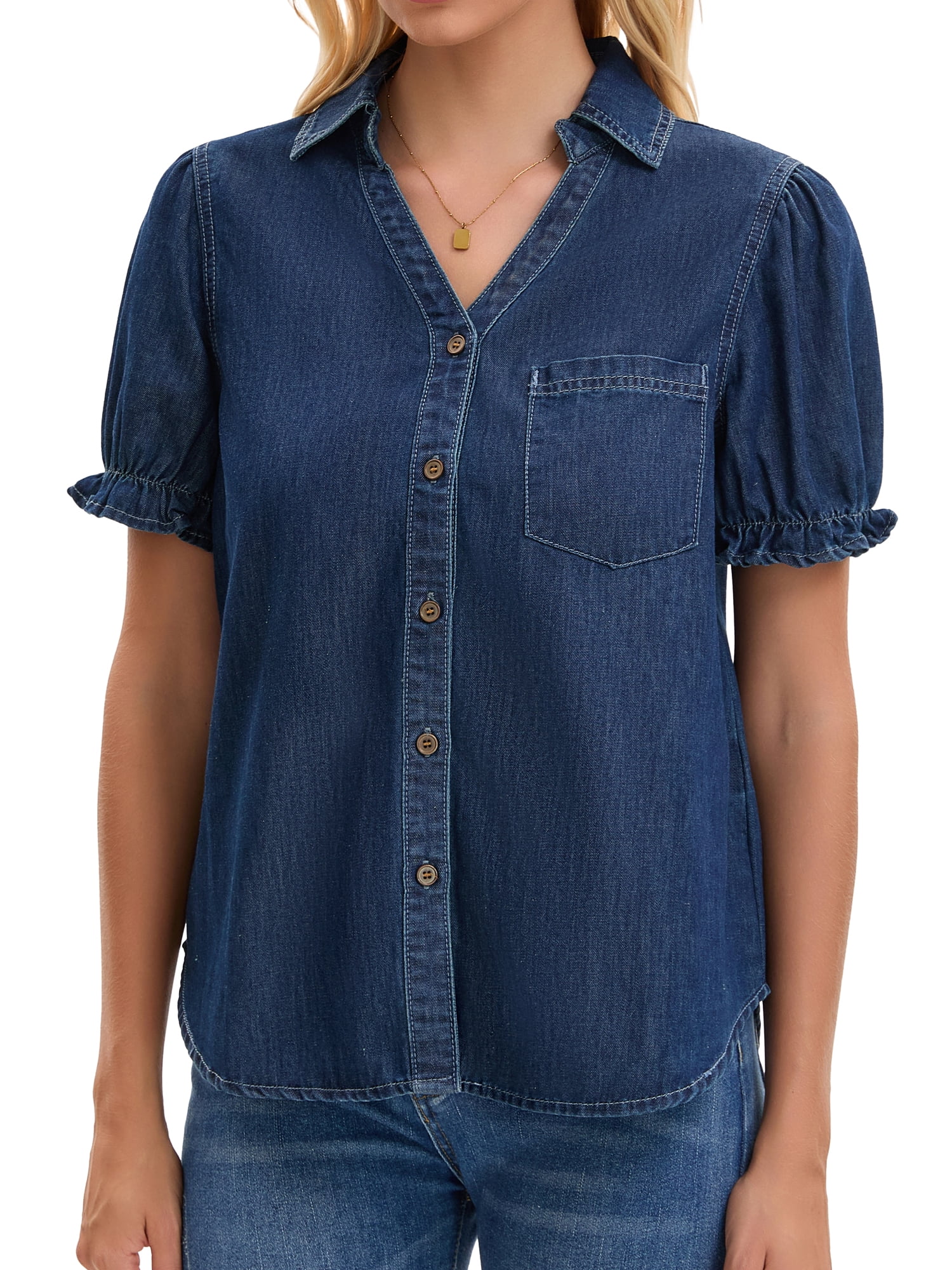 DARING DIVA Women's Denim Shirt Short Sleeve V Neck Button Front Jean Tops 2XL Dark Blue
