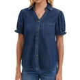 thumbnail image 1 of DARING DIVA Women's Denim Shirt Short Sleeve V Neck Button Front Jean Tops S Dark Blue, 1 of 7