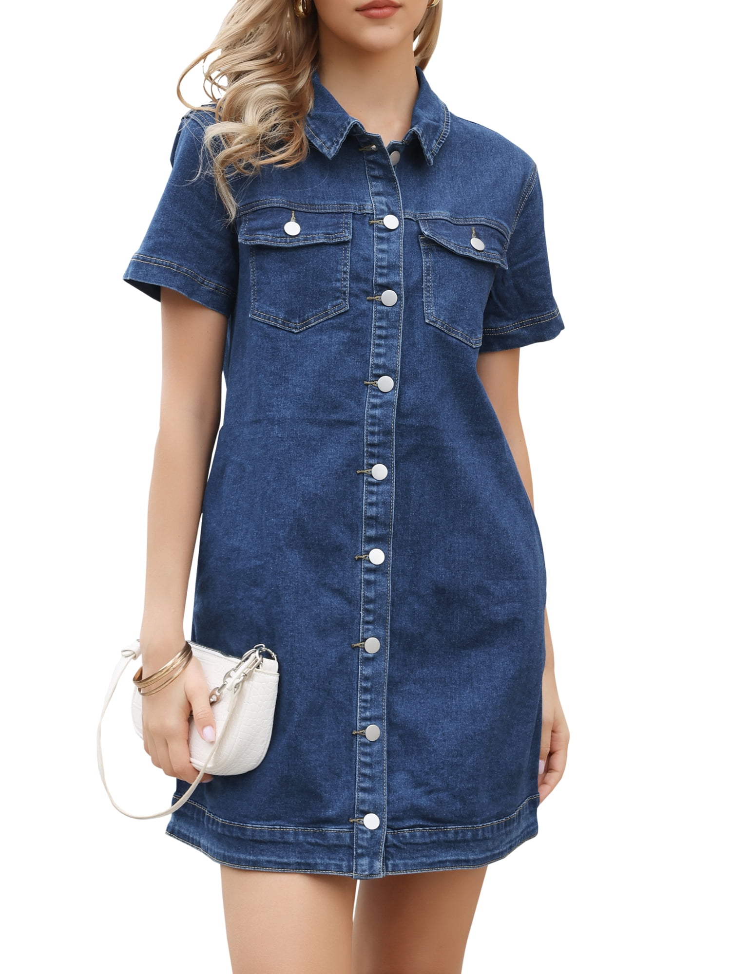 DARING DIVA Women's Denim Short Sleeve Button Down Dresses M Dark Blue