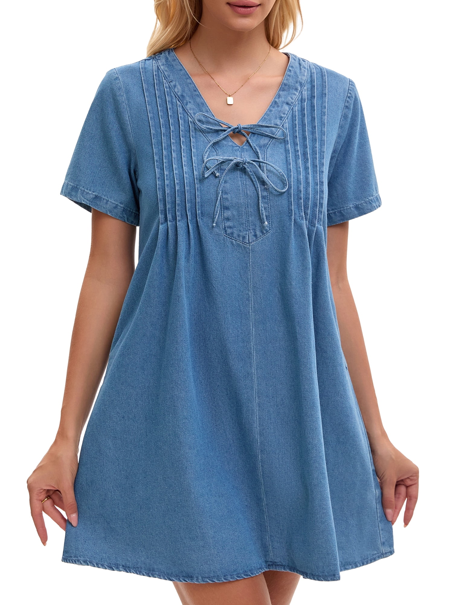 DARING DIVA Women's Denim Short Sleeve V Neck Mini Jean Dresses 2XL Light Blue