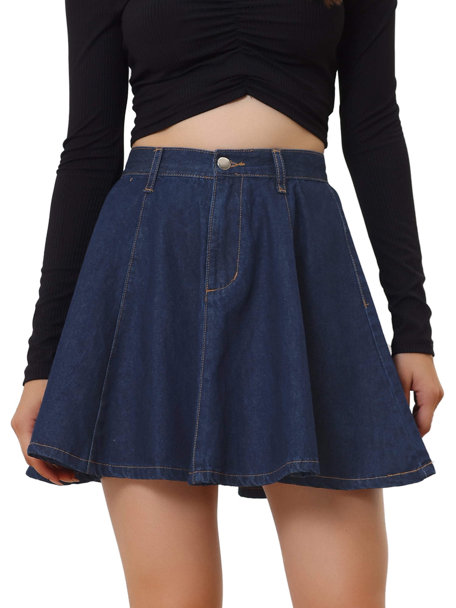 DARING DIVA Women's Denim Skirt A-Line Flared Mini Jean Skirt M Dark Blue
