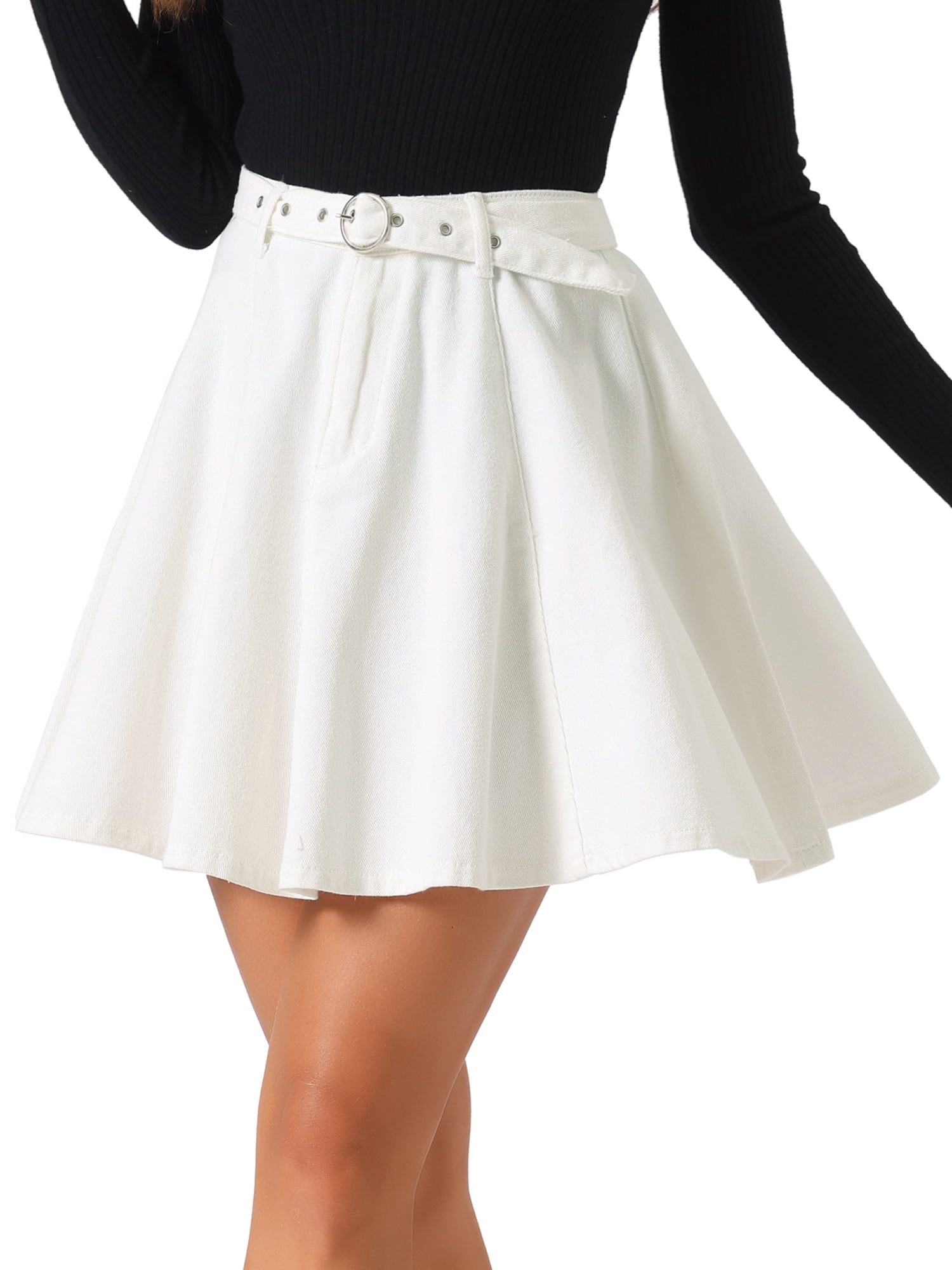 DARING DIVA Women's Denim Skirt A-Line Flared Mini Jean Skirt M White-01
