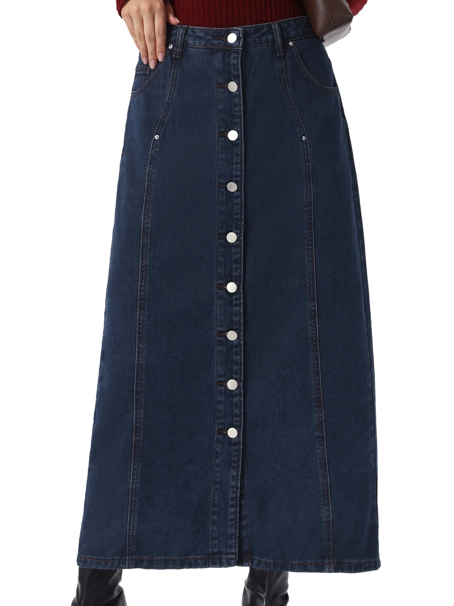 DARING DIVA Women's Denim Skirt Midi Length Button Down Jean Skirts L Deep Blue