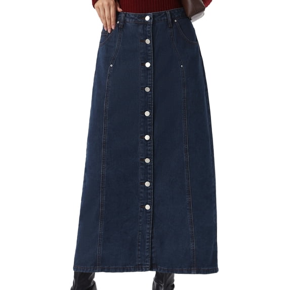 DARING DIVA Women's Denim Skirt Midi Length Button Down Jean Skirts M Deep Blue