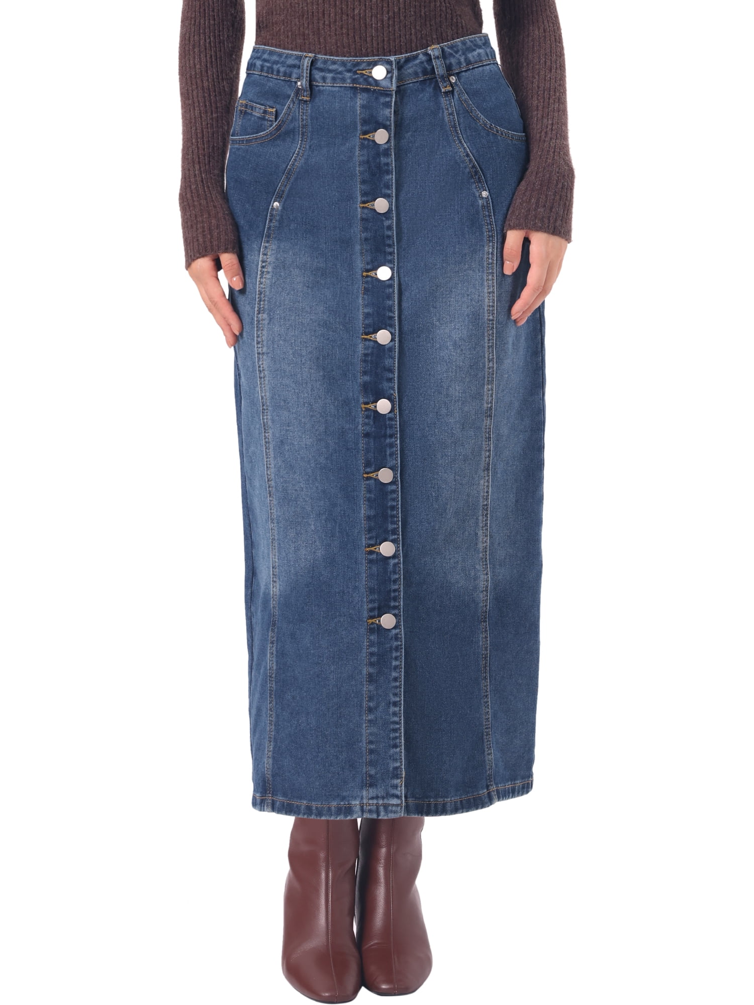 DARING DIVA Women's Denim Skirt Midi Length Button Down Jean Skirts XL Blue
