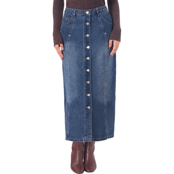 DARING DIVA Women's Denim Skirt Midi Length Button Down Jean Skirts XS Blue